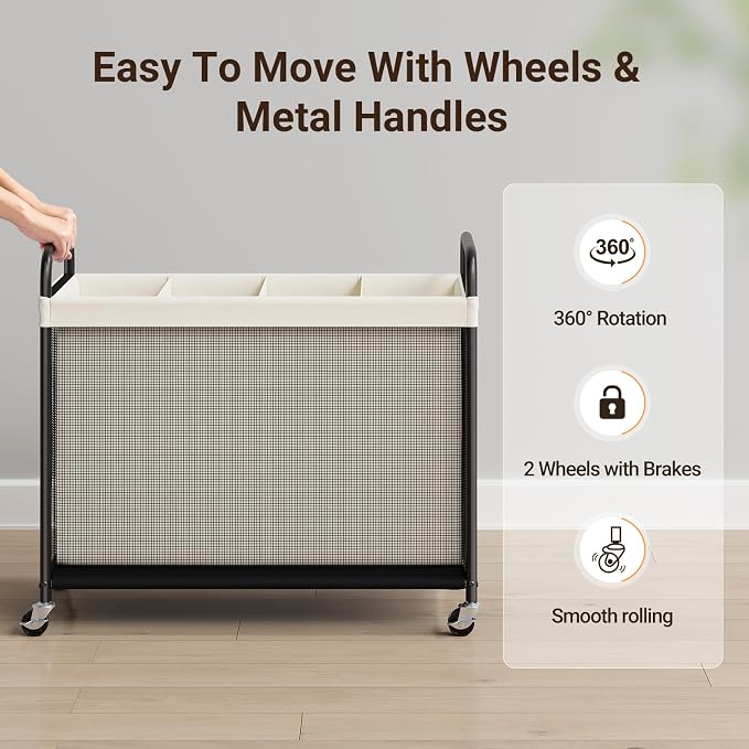 ELYKEN Laundry Hamper 4 Section, 140L Rolling Laundry Sorter with Wheels | Removable Washable Liner Bags, Sturdy Steel Frame and Metal Handle, 4 Divided Clothes Hamper Cart for Laundry Room & Bedroom
