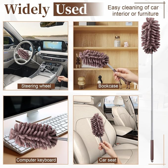 2 PCS Car Interior Duster with Extension Pole, Dusters for Cleaning | Microfiber Car Dusters with Bendable Head, Duster Interior & Exterior Scratch Free for Vehicle, Offices, Window (Brown)