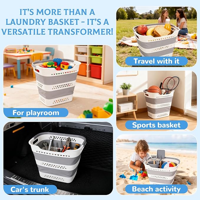 2 Pcs Collapsible Laundry Baskets for Clothes, 43L Plastic Laundry Hamper for Dorm Bedroom, Space Saving Pop-Up Laundry Hamper Container, Durable Foldable Laundry Basket with Handles (Grey-White)
