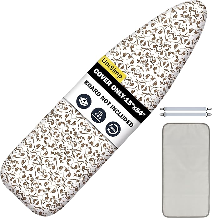 UniSimp Ironing Board Cover and Pad 15"x54" Extra Thick Natural Cotton, Scorch and Stain Resistant Padding, Standard Size Iron Board Cover with Fasteners Heavy Duty Elastic Edge, Heatproof Taupe