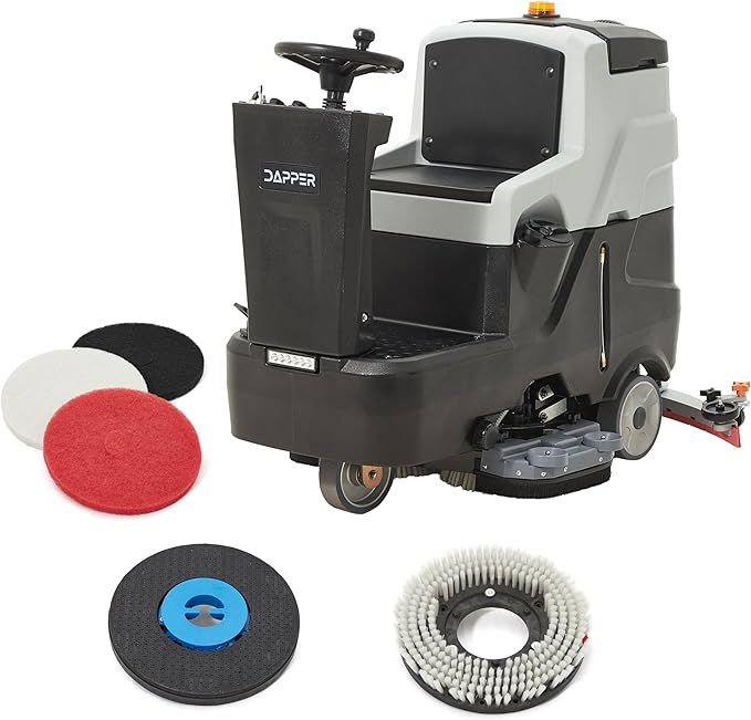 Battery Powered Ride-On Commercial Floor Scrubber Machine, 30" Brush, 39" Squeegee Width, 24 gal Solution Tank, 25 gal Recovery Tank, 5 hr Use 8 hr Charge, 180 RPM, 52,000 Sqft/H, Batteries Included