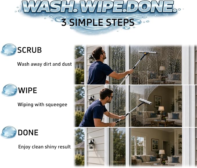 Window Washing Kit with Extension Pole(19–94.5"), Window Squeegee with Extension Pole, High Reach Window Cleaning Kit, 3 Gallon Bucket, Streak-Free Outdoor Window Cleaner, Extra Refills