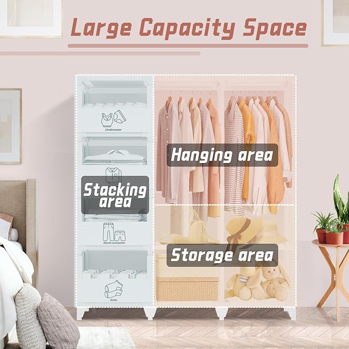 Portable Closet, Easy Assembly, Large Capacity Wardrobe Closet, Sturdy and Stable Clothes Rack with Shelves 4 Storage Baskets and 2 Hanging Rods, for Bedroom and Cloakroom White