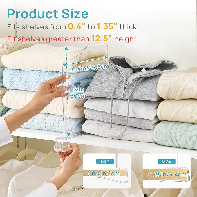 Vtopmart 12" Extra Tall x 12" Deep Shelf Dividers for Closet Organization, 12 Pack Clear Closet Organizers for Deep Shelves, Maximizing Vertical Space for Sweaters, Jeans and Clothes Storage