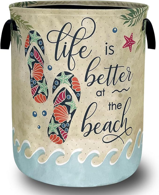 Funny Beach Laundry Basket Oxford Cloth Colorful Hawaii Laundry Hamper With Handle Foldable Portable Clothes Storage Basket Ocean Laundry Bag 18.9"x16.5" For Laundry Room/Bedroom/Bathrooms