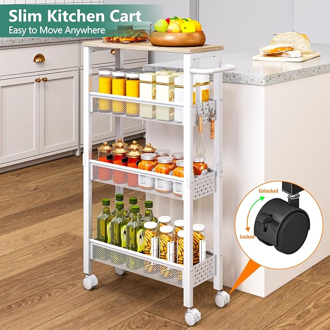 Vivihomety 4-Tier Slim Utility Rolling Laundry Cart with Wheels, Metal | Narrow 7.1" wide, Lockable wheels, wood top panel, metal frame, with handle, for laundry, bathroom, kitchen, white