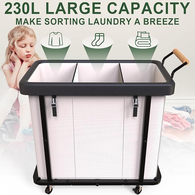 Laundry Hamper 3 Section with Lid,230L Rolling Dirty Clothes Hamper White | Laundry Basket with Wheels,Laundry Organizer Storage Cart with Sturdy Metal Frame and Wooden Handle for Laundry Room, Hotel