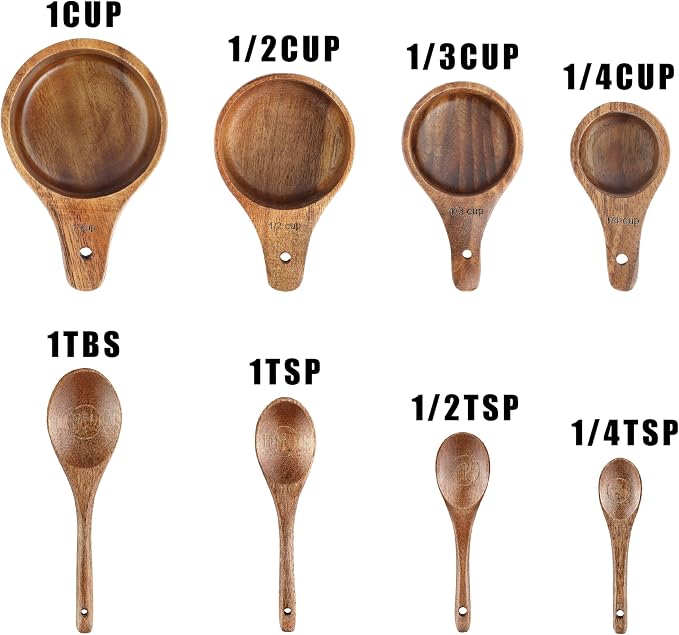 8PCS Wooden Measuring Cups and Spoons Set, Kaloo Natural Solid Acacia Wood Measuring Cups for Dry and Liquid Ingredients (Laser Engraved Measurements)