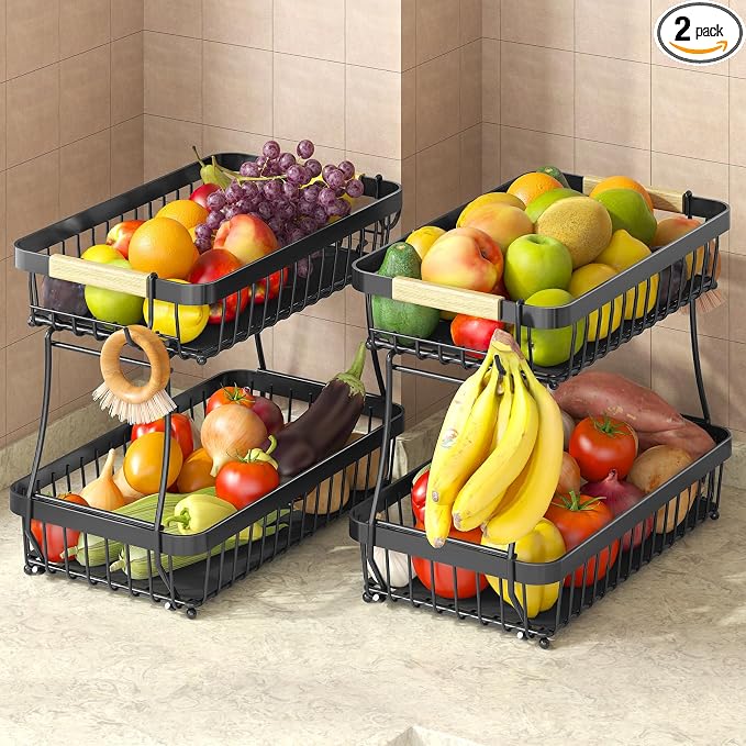 Sevenblue 2-Tier Fruit Basket with Banana Hangers, Detachable Metal Bowl | Wooden handle, protective mats included. Versatile holder for bread, snacks, and veggies. 2-Pack 2 tier metal design.