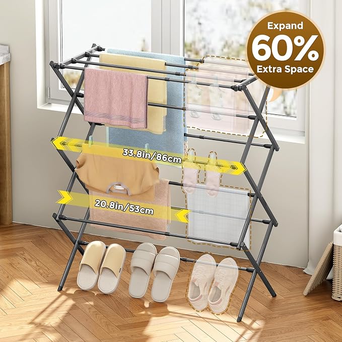 KINGBOARD 3-Tier Extendable Clothes Drying Rack, Small & Foldable, Grey | 37.4"H x 33.8"W x 11.2"D, Space-Saving Collapsible, Easy Assembly, Rust-Resistant Iron Frame, Indoor Outdoor Use, 25lb