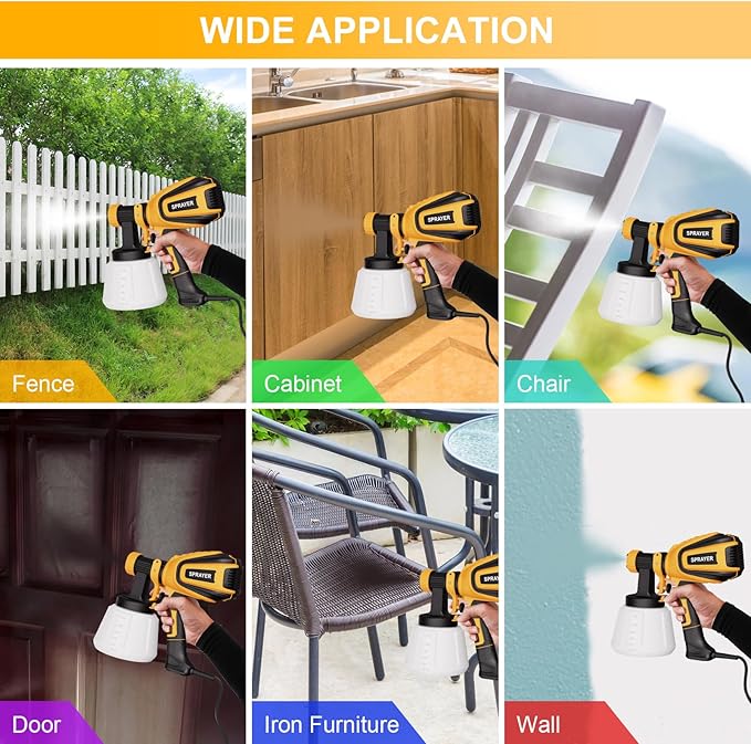VONFORN Paint Sprayer, 700W HVLP Spray Gun with Cleaning & Blowing Joints, 4 Nozzles and 3 Patterns, Easy to Clean, for Furniture, Cabinets, Fence, Walls, Door, Garden Chairs etc. VF803 Yellow