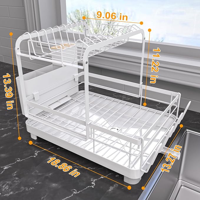 Runnatal Dish Rack with Drainboard, 2-Tier Dish Drying Rack for Kitchen Counter and Sink, Detachable 2-in-1 Utensil Holder, Cup Holder, Large Capacity Dish Drainer, White