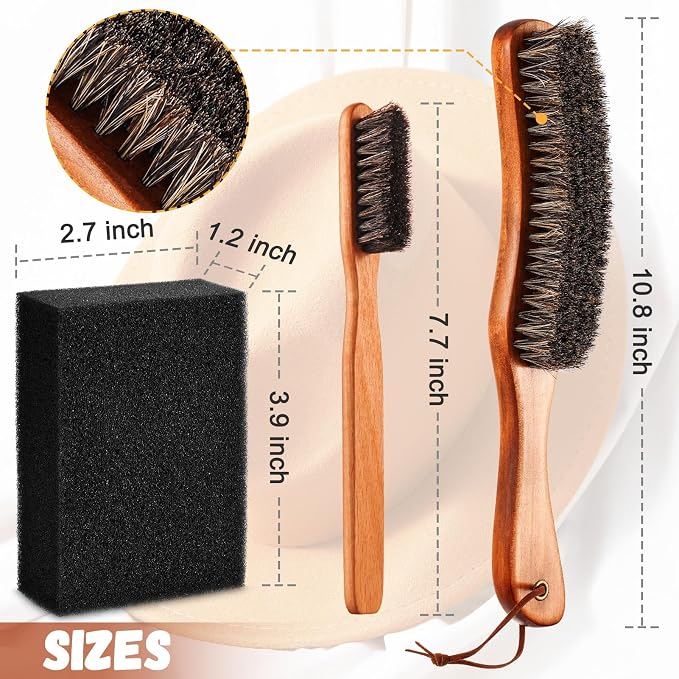 4 Pcs Horsehair Felt Hat Brush Kit with Cleaning Sponge Cowboy Clean Hat Wood Fedora Hat Cleaning Set Baseball Cap Lint Brush Remove Dust for Hair Furniture Suits Clothes(Style B)