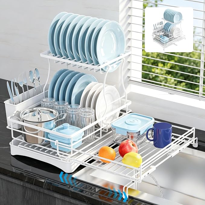 2 Tier Dish Drying Rack, Large Extendable Dish Racks for Kitchen Counter , Dishrack with Drainboard, 2-in-1 Anti-Rust Stainless Steel Dish Drainer with Utensil Holder (White, double of Dish Rack)