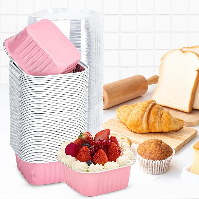 100Pack 5oz Pink Mini Cake Pans with Lids, Spoons and Stickers Baking Cups Aluminum Foil Pans Tins, Individual Dessert Cups Containers for Sales,Party,Picnics