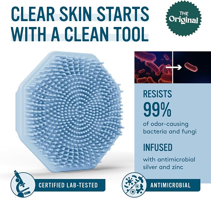Sud Scrub® Antimicrobial Silicone Face Scrubber, 1 Pack, Gentle Face Exfoliator for Sensitive Skin, Eco Friendly Facial Cleansing Brush, Exfoliating Face Brush for Men and Women (Blue)
