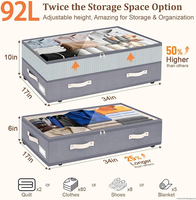 Dolicer 2 Pack Under Bed Storage with Wheels, 6in-10in Height Adjustable Underbed Storage Containers, 92L XXXL Under Bed Drawers Rolling Bin with Clear Lids for Shoes Clothes Organizers(Gray Stripes)