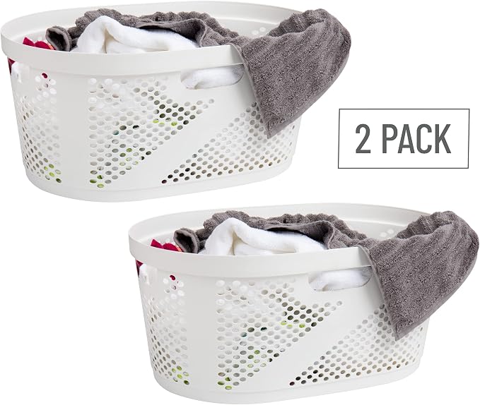 Mind Reader 40L Ventilated Laundry Baskets, Lightweight Clothes Hamper with Cutout Handles for Bathrooms and Closets, Plastic, Set of 2, White