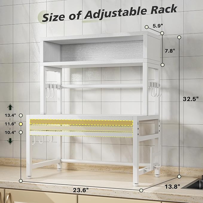 EnHomee 4-Tier Microwave Stand for Kitchen Storage, White | 205 lb Capacity, Adjustable Kitchen Shelves with 9 Hooks & Cutting Board Rack