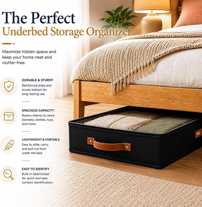HOMELUX THEORY 2pc Under Bed Storage Containers, Bedroom Under the Bed Drawer Storage Organizer with Bins and Lids, Large Underbed Clothes Storage Box Ideal for Blanket, Fabric, & Shoes (Black)