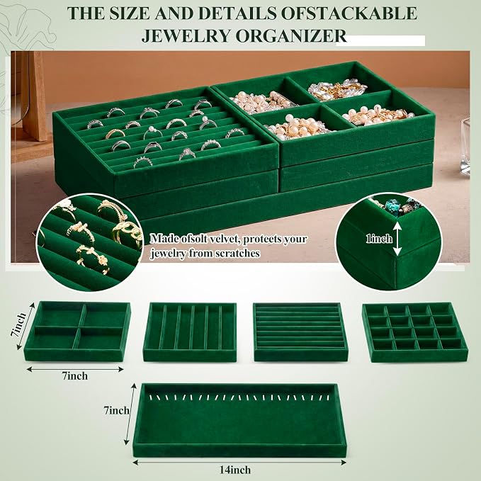 Cinnvoice Set of 10 Stackable Jewelry Organizer Trays for Drawer 14 Inch Velvet Jewelry Drawer Insert Display Storage with Removable Divider for Necklace Earring Ring Watch Bracelet (Dark Green)