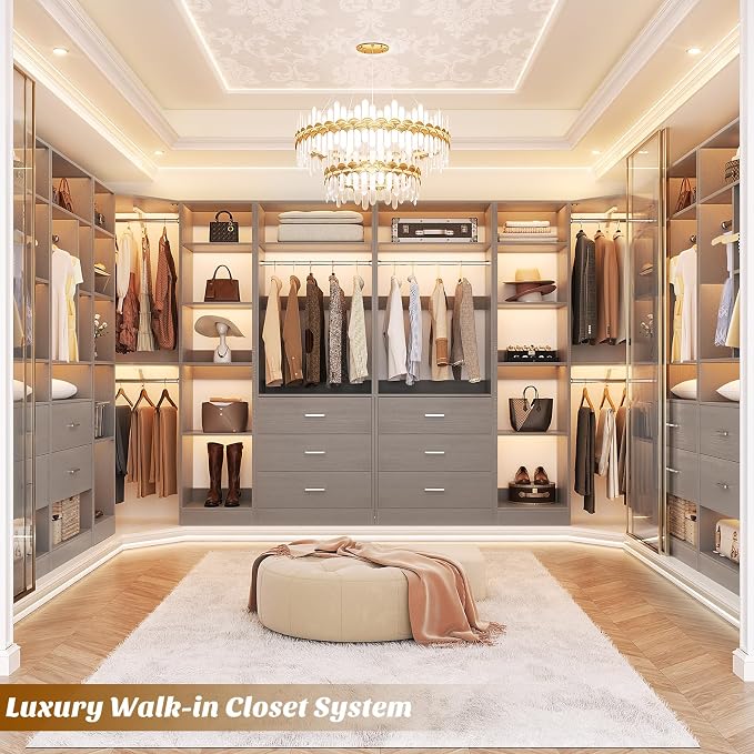 Besiost Corner Closet System with 5 Drawers, Closet Organizer System with 15+Shelvess & 4 Hanging Rods, 63.2"L * 63.2"W / 87.2"L * 39.2"W Reversible L Shaped Walk-in Closets, Load 2500+LBS, Grey