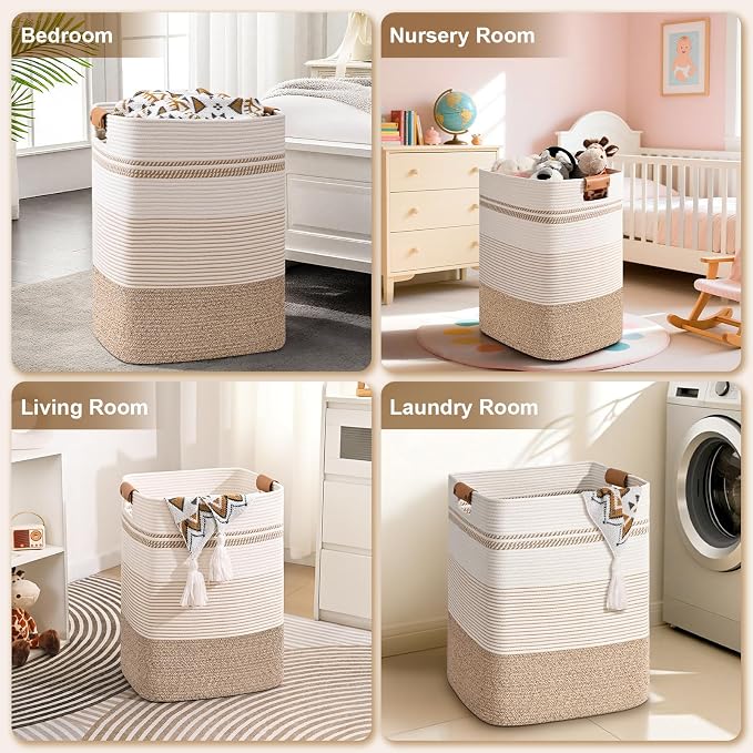 Laundry Hamper, 85L Tall Laundry Basket with Leather Handles, Rectangle Large Clothes Hamper for Organizing, Cotton Woven Laundry Baskets Storage Hampers for Bedroom, Nursery, Living Room
