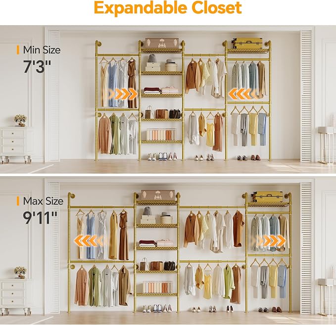 Higeego W4 Wall Mounted Clothes Rack, Industrial Pipe Clothing Rack, Garment Rack with 6 Hanging Clothes Rods Double Expandable Rods & 6 Adjustable Shelves, Heavy Duty Corner Wardrobe Racks, Gold