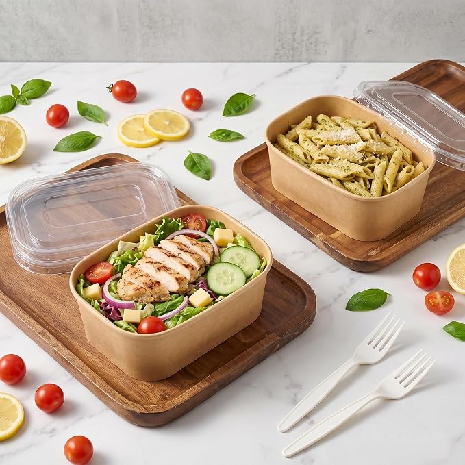 50 Pack 22Oz Disposable Meal Prep Containers With Lids and Forks-Disposable Kraft Paper Bowls-to go food containers-Microwavable and Freezer Safe Take Out Containers for Hot/Cold Food Prep and Salad