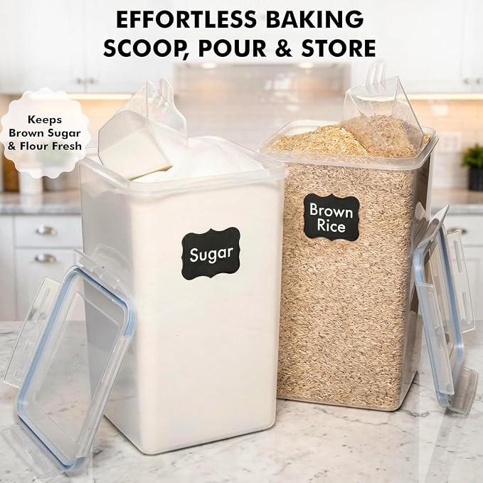 WHITE FEATHER SUPPLIES 2 PC [7 Qt / 6.5L / 220 Oz] Large Food Storage Containers with Lids Airtight - BPA Free Clear Plastic Kitchen and Pantry Storage Containers for Cereal, Flour, Sugar, Rice