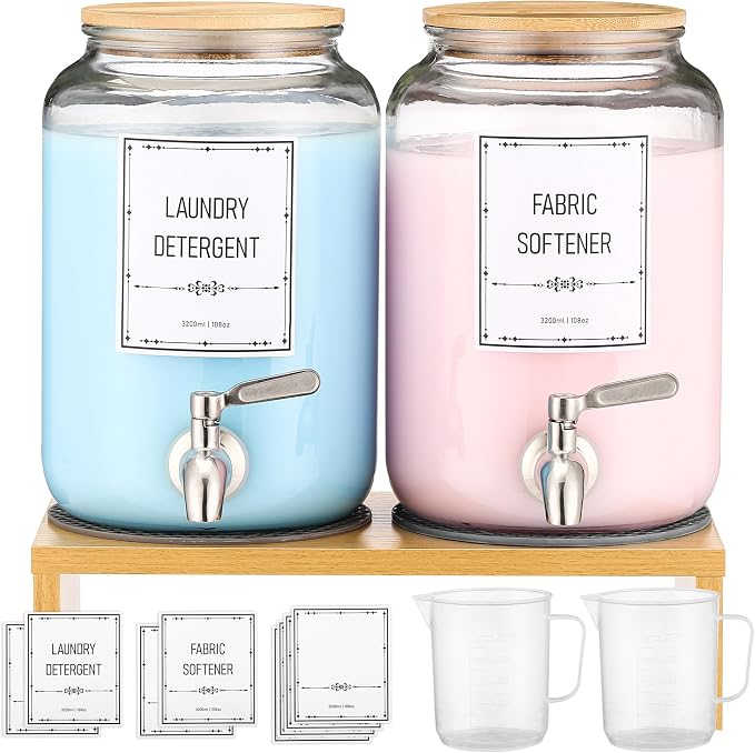 Laundry Detergent Dispenser. 0.9 Gallon Glass Laundry Soap Liquid Laundry Detergent Dispense. Fabric Softener Dispenser With Stand and Bamboo Lid. Laundry Room Organization and Storage