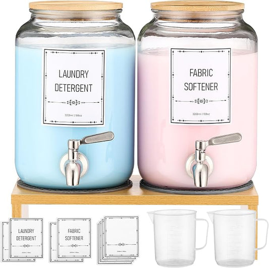Laundry Detergent Dispenser. 0.9 Gallon Glass Laundry Soap Liquid Laundry Detergent Dispense. Fabric Softener Dispenser With Stand and Bamboo Lid. Laundry Room Organization and Storage