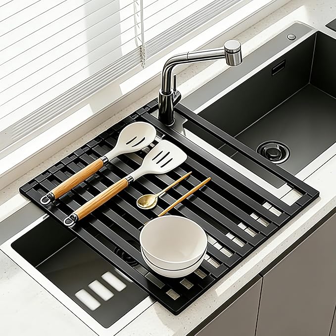 Foldable Over Sink Dish Drying Rack, Extra Wide & Thick Rust-Proof Aluminum Sink Cover for Counter Space, Collapsible Dish Drying Rack Fits Most Kitchen Sinks (Black, 17.7“x13.6)