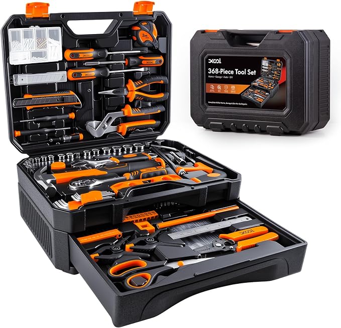 XOOL 368 Piece Home Repair Tool Kit with Drawer Toolbox, Includes Hammer, Pliers, Screwdrivers, Wrench, Tape Measure & More for Home Repair, Apartment, Office, Garage and DIY Projects