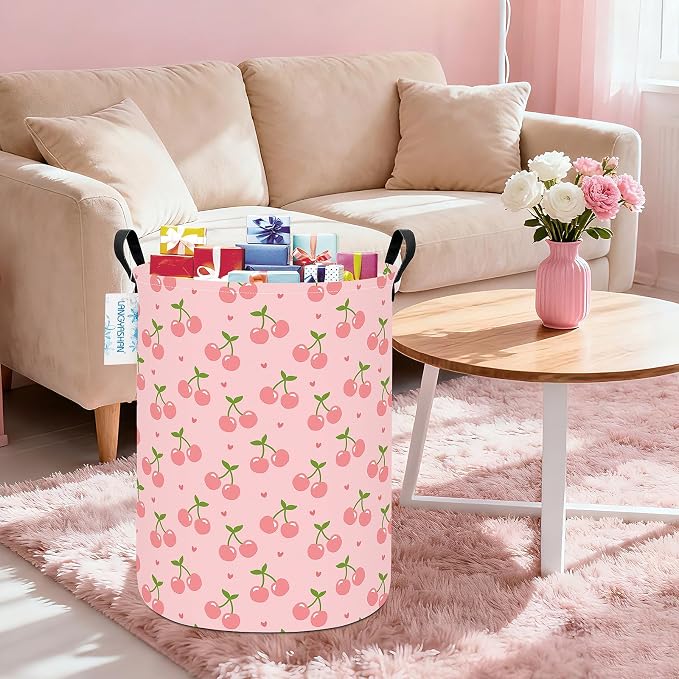 Round Laundry Basket Collapsible Storage Hamper Organizer Pink Cherry | Waterproof Canvas Foldable Baskets with sturdy Handles Multi-scene Organizer for Home Play Bedroom Gift Bin