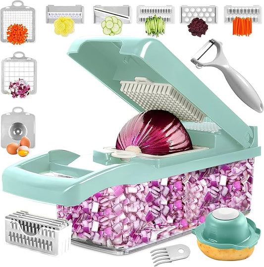 Vegetable Chopper 16 in 1 with Container, Veggie Chopper Food Chopper and Dicer, Onion Chopper Vegetable Cutter with 8 Stainless Steel Blades, Easy Meal Prep Kitchen Tool, Blue