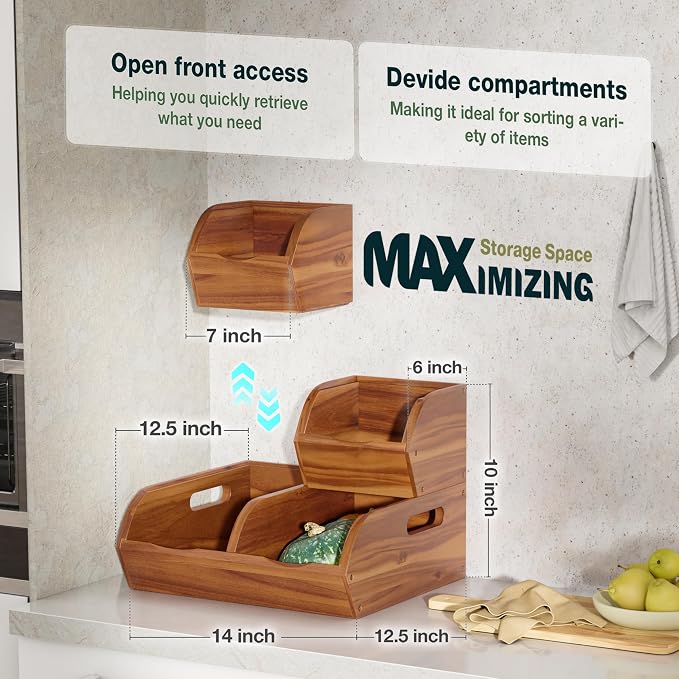 Acacia Wood Pantry Storage Bins – Stackable Open Front Kitchen Baskets for Potato, Onion, Fruit, Bread & More – Rustic Wooden Basket for Pantry - Easy Assembly with Tools & Hardware Included