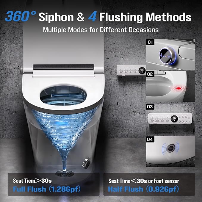 Electric Smart Toilet with Bidet Built In, Tankless Modern Elongated One Piece Design, Foot Sensor & Dual Auto Flush, Heated Seat, Warm Water, Air Dryer, 1000g MaP Flush, 1.28 GPF