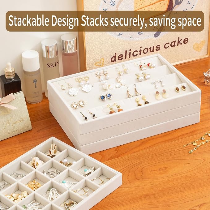 Frebeauty Jewelry Trays for Drawer,Set of 4 Jewelry Organizer and Storage | Velvet Material,Stackable,Adjustable Dividers,Drawer Inserts for Rings Studs Bracelet,Earring Organizer for Women Girls