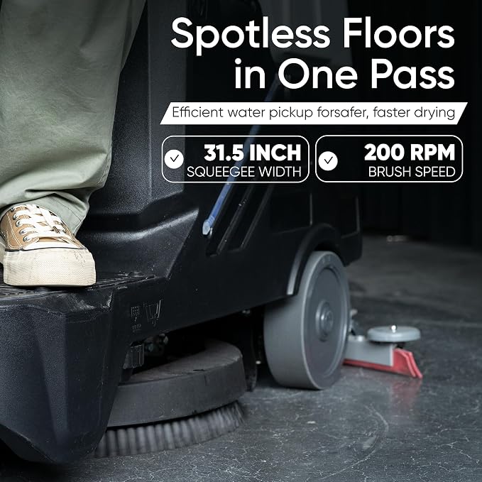 Battery Powered Ride-On Commercial Floor Scrubber Machine, 22" Brush, 31.5" Squeegee Width, 19 gal Solution Tank, 20 gal Recovery Tank, 5 hr Use 7 hr Charge, 200 RPM, 48,400 Sqft/H, Batteries Included