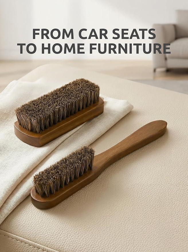 TAKAVU Leather & Upholstery Cleaning Brush Set with Compact Wood Handle | Car Detailing Brush for Alcantara, Leather Seats, Suede, Car Interior, Sofa & Convertible Tops