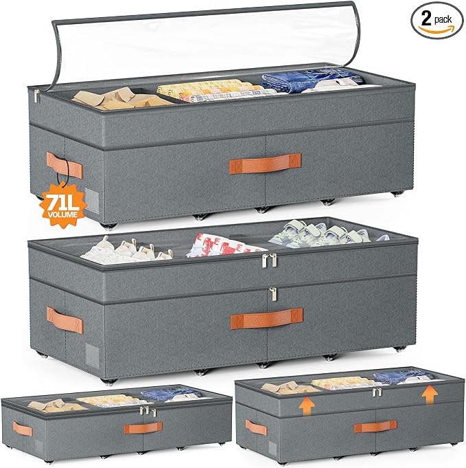 Under Bed Storage with Wheels, 2Pack 71L Under the Bed Storage Containers | Adjustable Underbed Drawer with Lids, Underbed storage Rolling Bin for Shoes, Clothes, Blankets, Grey