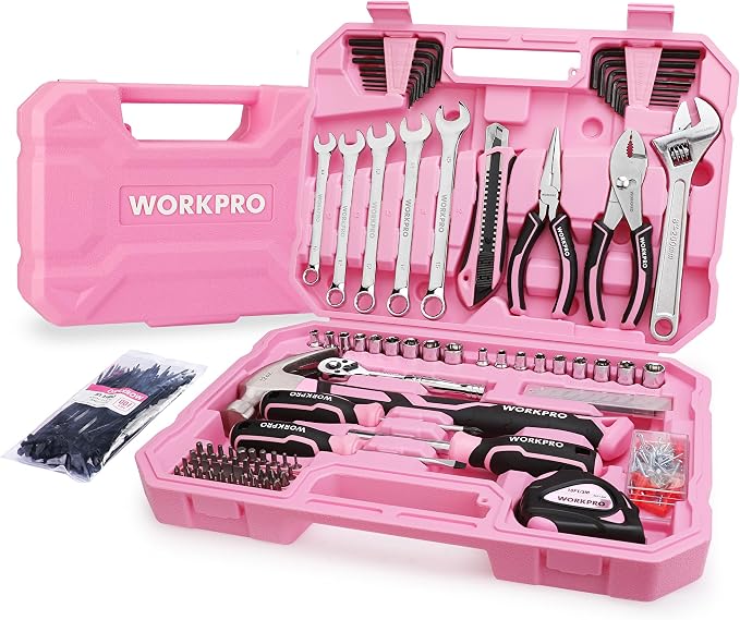 WORKPRO 284PCS Pink Tool Set, Portable Home Basic Tool Kit Box for Women | Household Case with Hammer, Ratchet Sockets, Pliers, Screwdrivers, Repairing Tool Kit, House-Warming, DIY - Pink Ribbon