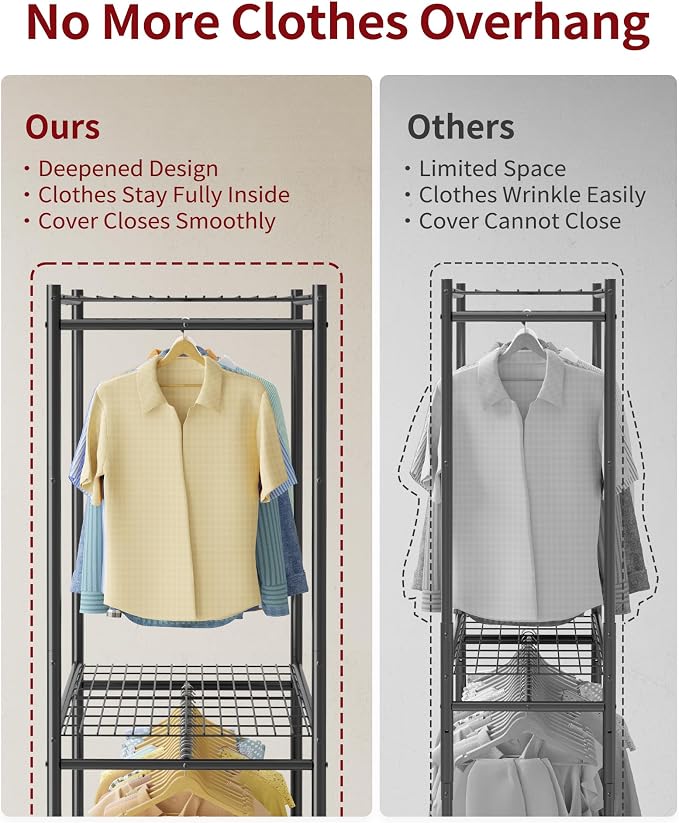 Sakugi Clothes Rack with Cover, Wardrobe Closet with Lockable Wheels, 35.4" x 17.7" x 79.7", Rust-Resistant, Black