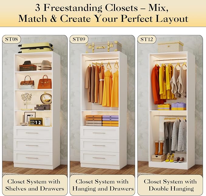 Closet System with 3 Sets, 6-16FT Closet Organizer System with 6 Drawers & 5 Shelves & 6Hanging Rods, Custom L-Shaped Walk in Closet Organizers and Storage System, Modular Closet Shelving System,White