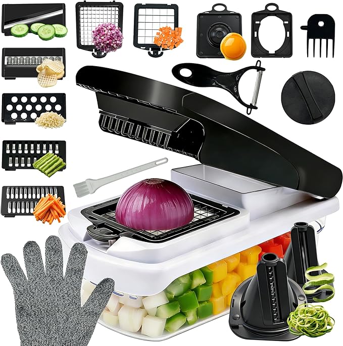 Vegetable Chopper, 17-in-1 Food Chopper with Built-in Container, Includes Cut-Resistant Gloves & Interchangeable Blades, Potato Onion Slicer for Salad Prep, Kitchen Gadgets for New Home
