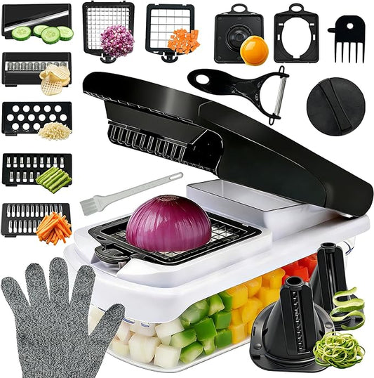 Vegetable Chopper, 17-in-1 Food Chopper with Built-in Container, Includes Cut-Resistant Gloves & Interchangeable Blades, Potato Onion Slicer for Salad Prep, Kitchen Gadgets for New Home