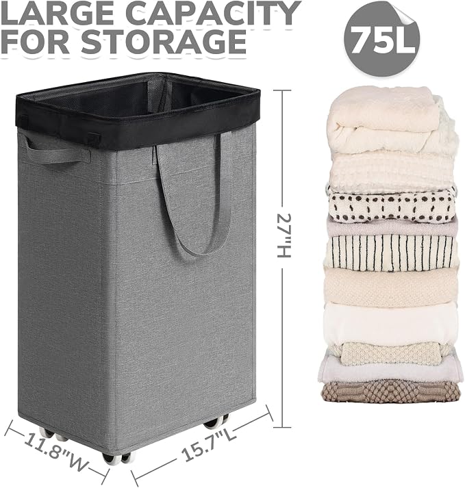CHICVITA 75L Slim Laundry Basket with Wheels & Wash Bag, Light Grey | Removable wash bag, space-saving slim design for bedroom and college dorm. Rolling clothes hamper