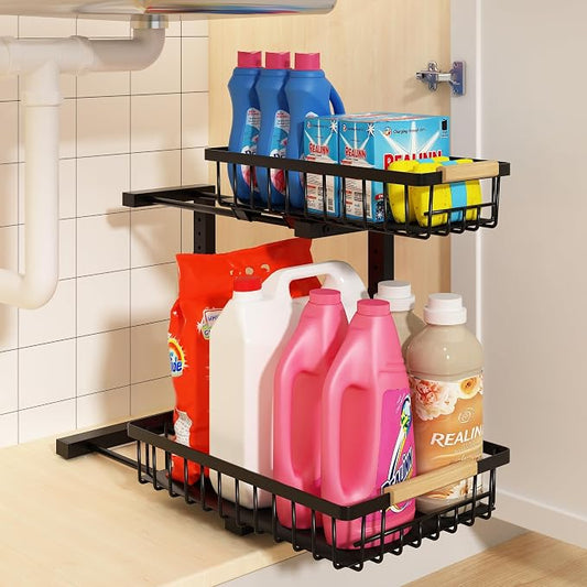 REALINN Under Sink Organizer, Height Adjustable 2 Tier Pull Out Cabinet Storage, L-Shaped Drawer Organizer for Kitchen Sink Organizer, Bathroom Organizers and Storage, Smooth Sliding Rails, Black