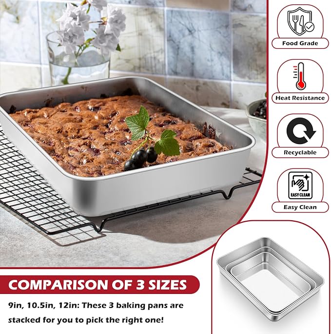 Leonyo Stainless Steel Baking Pans Set of 2, 12⅓ x 9¾ x 2 Inch Cake Pan, Nonstick & Heavy Duty, Deep Rectangular Lasagna Pan Sheet Bakeware for Focaccia, Bread, Brownies, Casseroles Dish